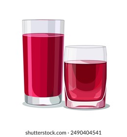 Vasos llenos de jugo rosa aislado sobre fondo blanco. Ilustración vectorial en estilo plano con bebida. Clipart para tarjeta, Anuncio, flyer, diseño de póster