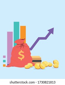 Full of gold coin in Money bag. Return on investment ROI concept. Business growth arrows to success. Chart increase profit. Finance stretching rising up. Vector illustration.