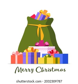 Full green bag of gifts from Santa Claus and inscription Merry Christmas. Christmas decorative element for card design, banner. Flat vector illustration