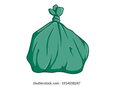 Full of green plastic junk bag, on white background