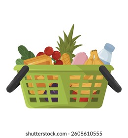 Full grocery basket with assorted food items on white background. Vector illustration