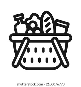 Full grocery basket of food, grocery shopping. vector line icon design