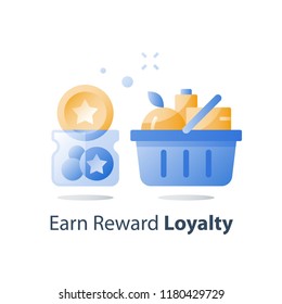 Full grocery basket, loyalty program, reward for purchase, earn bonus points, collect tokens, supermarket special offer, consumption incentive, vector flat icon