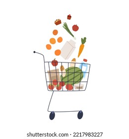 Full grocery basket. Shopping in a supermarket. Organic fresh food. Vector illustration of different products for a healthy diet. Isolated cart with falling food on a white background.