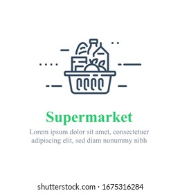 Full Grocery Basket, Supermarket Special Offer, Food Delivery, Consumption Concept, Vector Line Icon