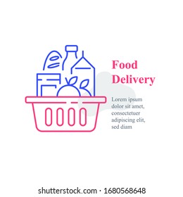 Full Grocery Basket, Supermarket Special Offer, Food Purchase And Delivery, Consumption Concept, Vector Line Icon