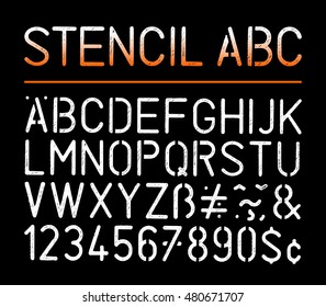 Full grunge style stencil alphabet and number on black background