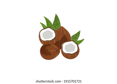 A full and half coconut with green pandan leaves.