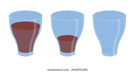 Conjunto de iconos de ilustración de vaso de bebida lleno, medio y vacío. Juego de Vector de vidrio para bebidas gaseosas. Iconos de leche