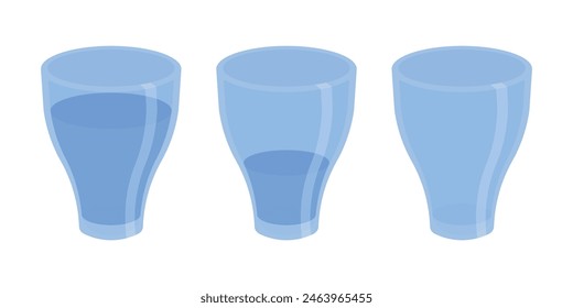 Full, half and empty glass of water illustration icon set. water drink glass vector set. water glass. water icons