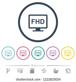 Full HD display flat color icons in round outlines. 6 bonus icons included.