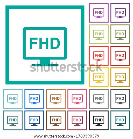 Full HD display flat color icons with quadrant frames on white background