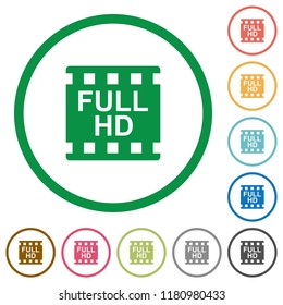 Full HD movie format flat color icons in round outlines on white background