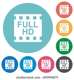 Full HD movie format flat white icons on round color backgrounds