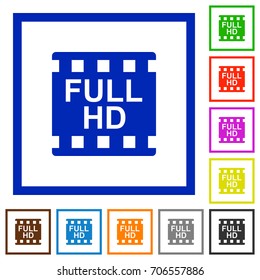 Full HD movie format flat color icons in square frames on white background