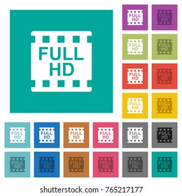 Full HD movie format multi colored flat icons on plain square backgrounds. Included white and darker icon variations for hover or active effects.