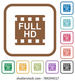 Full HD movie format simple icons in color rounded square frames on white background