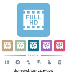 Full HD Movie Format White Flat Icons On Color Rounded Square Backgrounds. 6 Bonus Icons Included