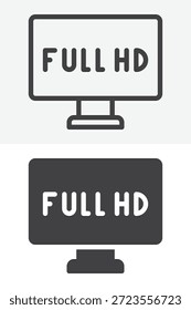 Fernseher mit Full HD-Auflösung und verschiedenen Symbolen. Linie, Umriss und durchgezogenes Symbol, Vektorzeichen und Symbol. Bearbeitbares Strichvektorsymbol für einen HD-Fernsehbildschirm.
