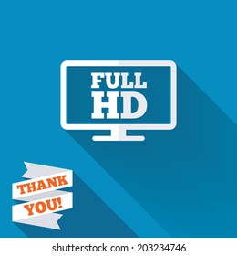 Full hd widescreen tv sign icon. High-definition symbol. White flat icon with long shadow. Paper ribbon label with Thank you text. Vector