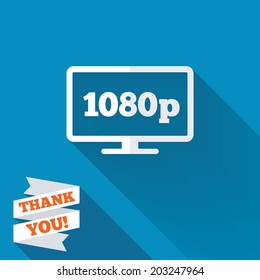 Full hd widescreen tv sign icon. 1080p symbol. White flat icon with long shadow. Paper ribbon label with Thank you text. Vector