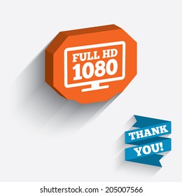 Full hd widescreen tv sign icon. 1080p symbol. White icon on orange 3D piece of wall. Carved in stone with long flat shadow. Vector