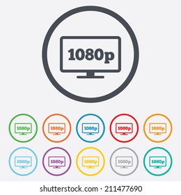 Full hd widescreen tv sign icon. 1080p symbol. Round circle buttons with frame. Vector