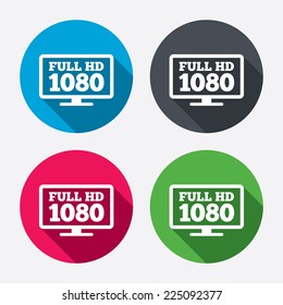 Full hd widescreen tv sign icon. 1080p symbol. Circle buttons with long shadow. 4 icons set. Vector