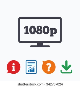 Full hd widescreen tv sign icon. 1080p symbol. Information think bubble, question mark, download and report.