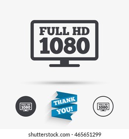 Full hd widescreen tv sign icon. 1080p symbol. Flat icons. Buttons with icons. Thank you ribbon. Vector