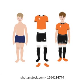 Full height soccer player boy and set of sportswear. A man in clothes and without clothes. Flat cartoon vector illustration. For the design of a sports concept, banner, background, championship.