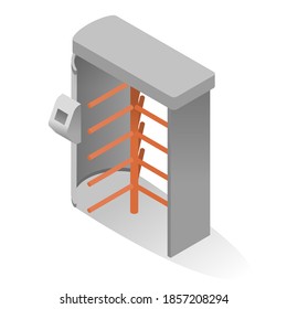 Full height turnstile isometric icon. Revolving door, entrance, gate. Security equipment for stadium, festival, building. Doorway, gateway. Vector illustration isolated on white background.