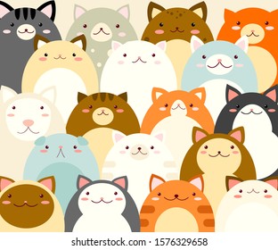 Full Horizontal Background With Cute Cartoon Cats Of Different Color. EPS8