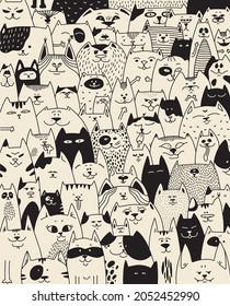 Full house of cats. Many different cats in the vector. The characters of the cats. Pets. Affectionate cat. Background for a pet store.