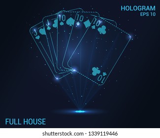 Full house hologram. Digital and technological background of the casino. Futuristic playing card design