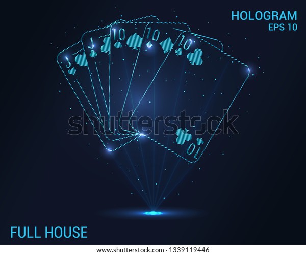 Full house hologram.\
Digital and technological background of the casino. Futuristic\
playing card design