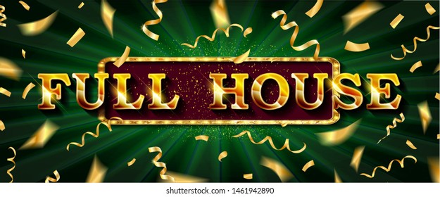 Full house. Illustration Online Poker casino banner with a mobile phone, chips, playing cards and dice. Marketing Luxury Banner Jackpot Online Casino with Smartphone. Empty advertising poster.