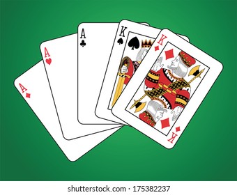 Full house of three aces and two kings on green background.  The figures are original design. 