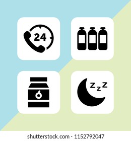 full icon. 4 full set with hours phone service, bottle, moon and breakfast vector icons for web and mobile app