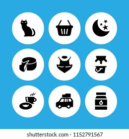 full icon. 9 full set with milk, moon, halloween and car with luggage vector icons for web and mobile app