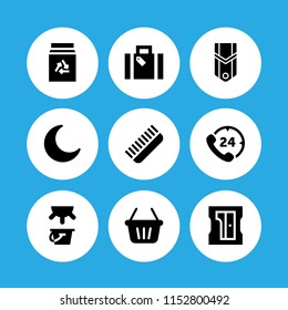 full icon. 9 full set with shopping basket, hours phone service, holiday suitcase and comb vector icons for web and mobile app