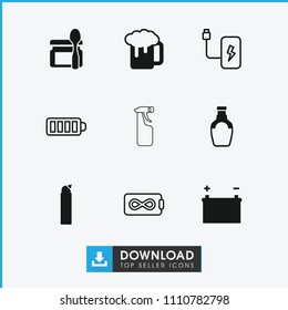 Full icon. collection of 9 full filled and outline icons such as cleanser, beer mug, battery, endless battery, baterry, baby food. editable full icons for web and mobile.