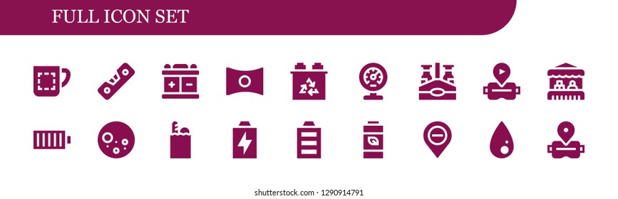  full icon set. 18 filled full icons. Simple modern icons about  - Mug, Level, Battery, Panorama, Meter, Beer bottle, Virtual reality, Grocery, Full battery, Full moon, Groceries