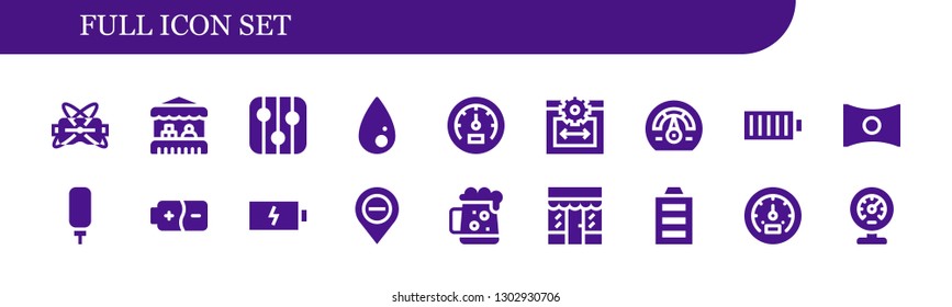  full icon set. 18 filled full icons.  Simple modern icons about  - Virtual reality, Grocery, Levels, Liquify, Speedometer, Web size, Full battery, Panorama, Water dispenser, Battery