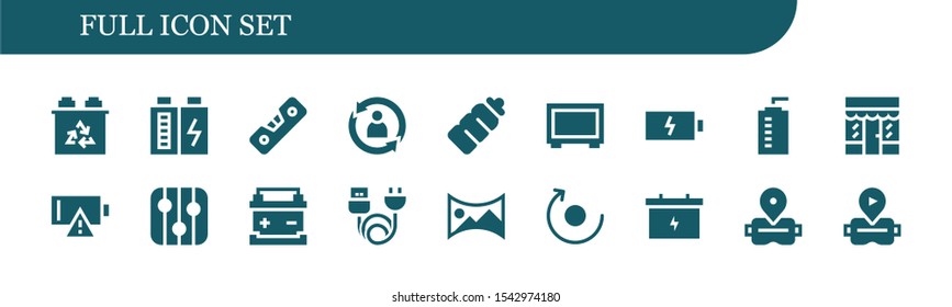 full icon set. 18 filled full icons.  Simple modern icons about  - Battery, Level, Rotate, Plastic bottle, Big screen, Water bottle, Grocery, Empty battery, Levels, Charge, panorama 360