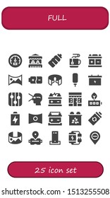 full icon set. 25 filled full icons.  Collection Of - Speedometer, Grocery, Plastic bottle, Mug, Battery, panorama 360 , Water dispenser, Levels, Virtual reality, Panorama icons