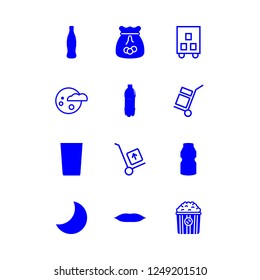 full icon set about bottle, trolley, popcorn and milk bottle vector set