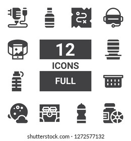 full icon set. Collection of 12 filled full icons included Bottles, Water bottle, Chest, Full moon, Laundry basket, Bottle, Water dispenser, Virtual reality, 360, Charger, Treasure
