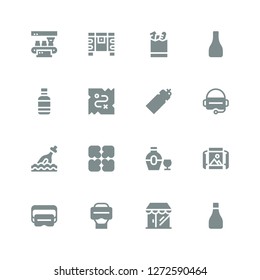 full icon set. Collection of 16 filled full icons included Bottle, Grocery, Virtual reality, Panoramic view, Expand, Treasure, Water bottle, Groceries, Chest