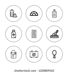 Full icon set. collection of 9 outline full icons with battery, bottle, french stick, fried chicken, paint bucket icons. editable icons.
